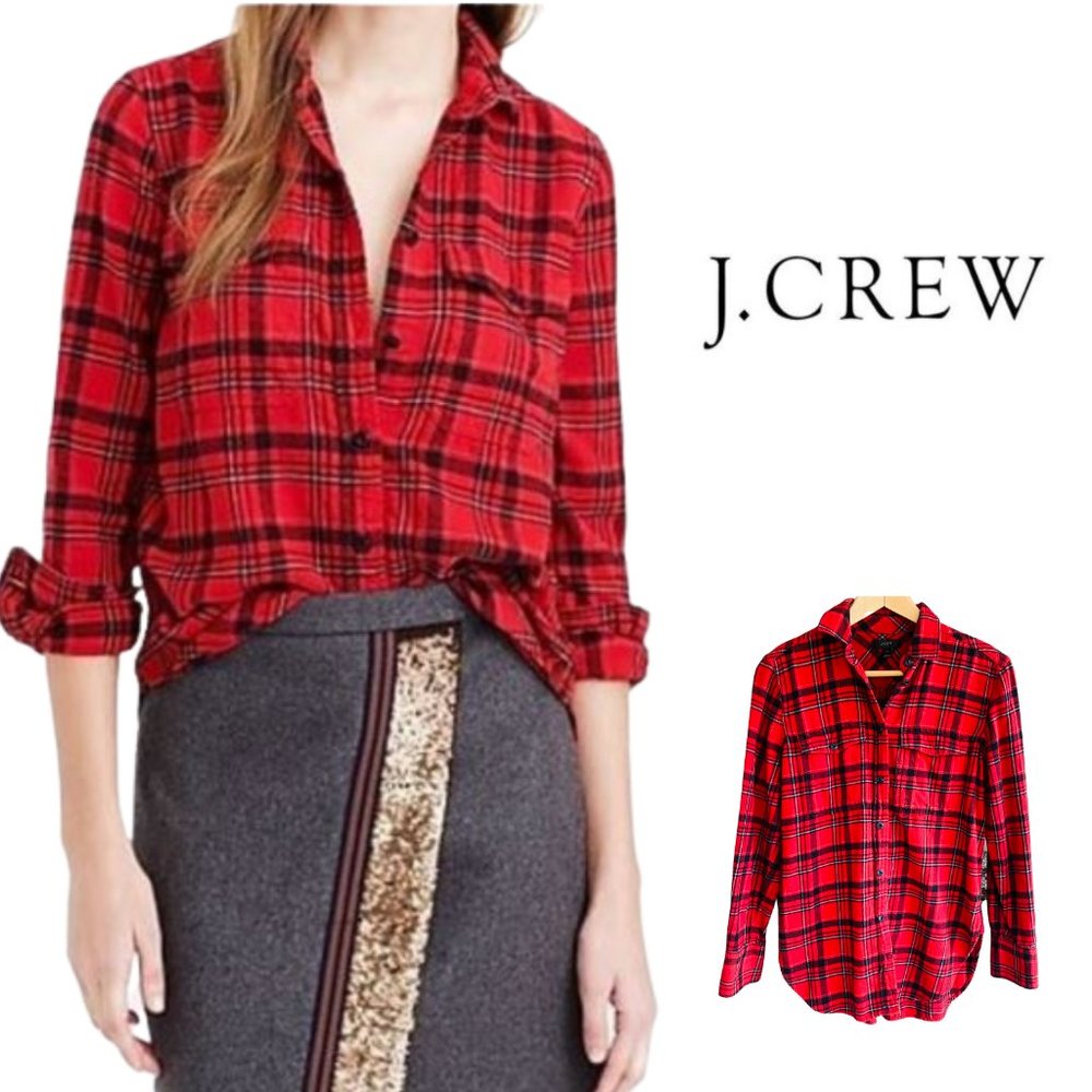 J Crew Boyfriend Electric Red Flannel Plaid Shirt